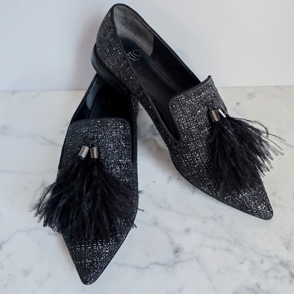 Franco Sarto TOPAZ Black Tweed Shimmer Feather Tassel Point Toe Flats Size 7